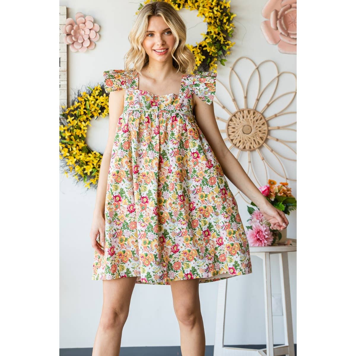 Garden Flower Print Ruffle Sleeve Mini Dress