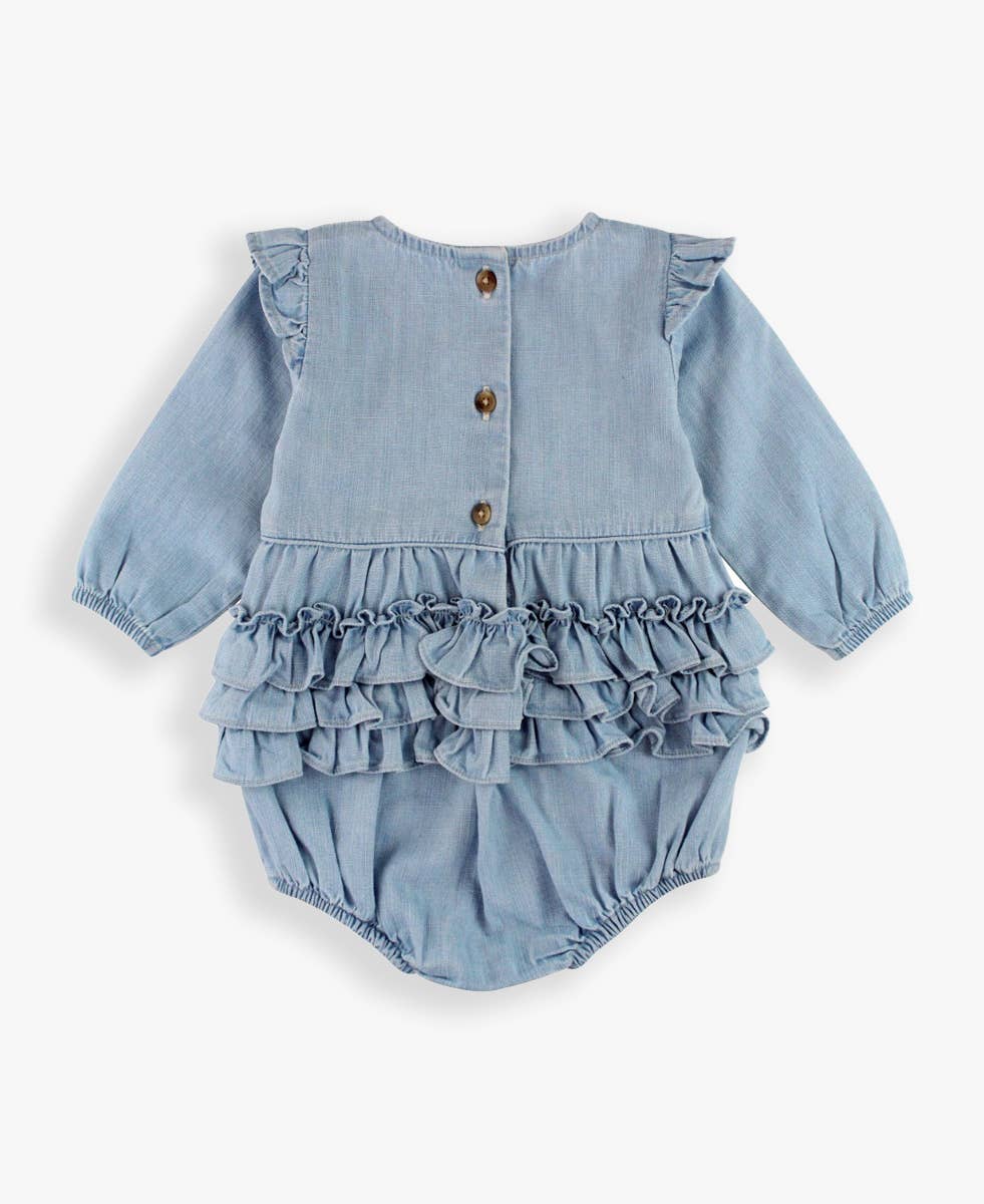 Baby Girls Light Wash Denim Long Sleeve Flutter Bubble Romper