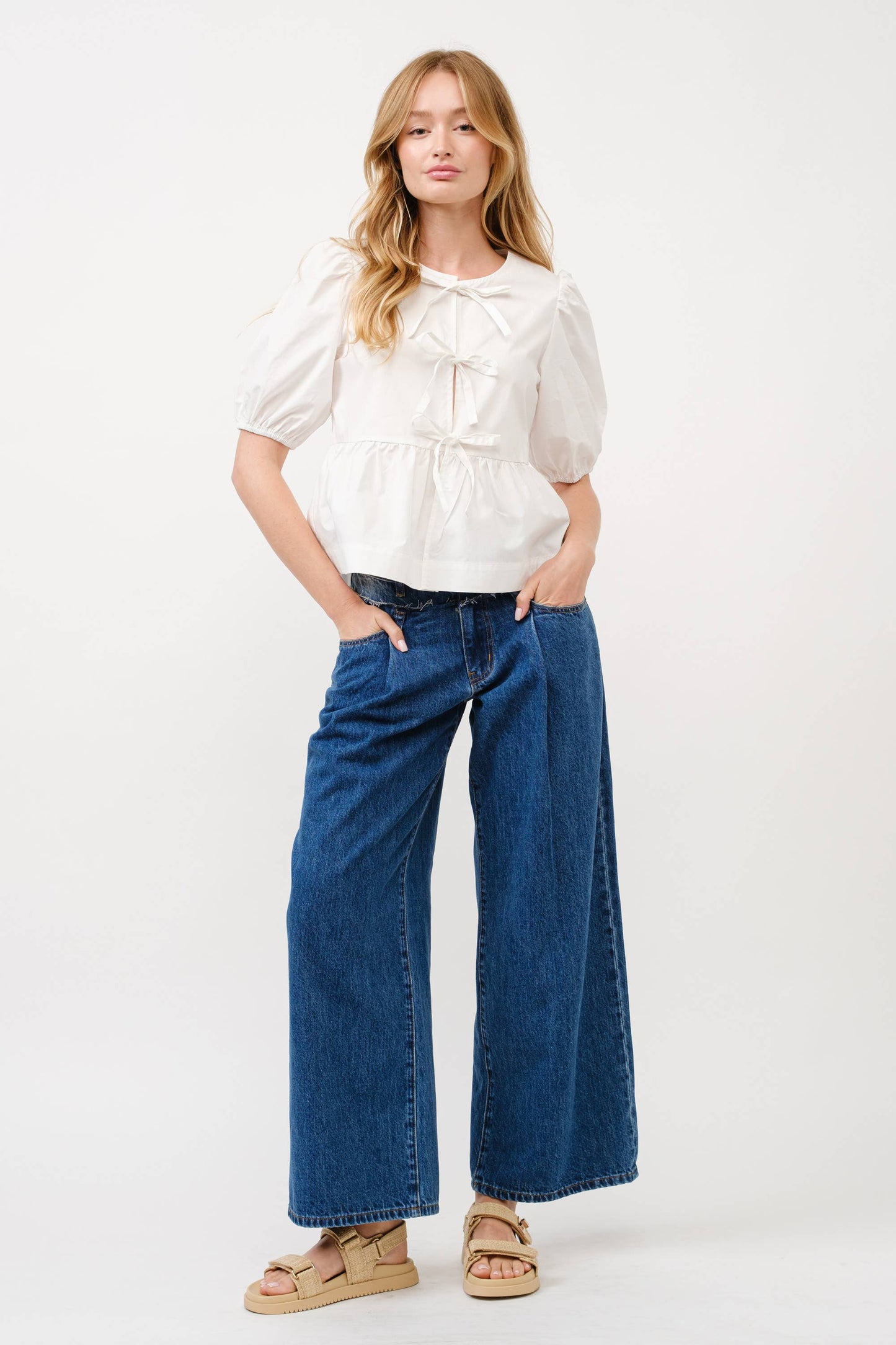 MAT2803 - POPLIN FRONT BOW TIE PEPLUM BLOUSE WITH PUFF SLEEV