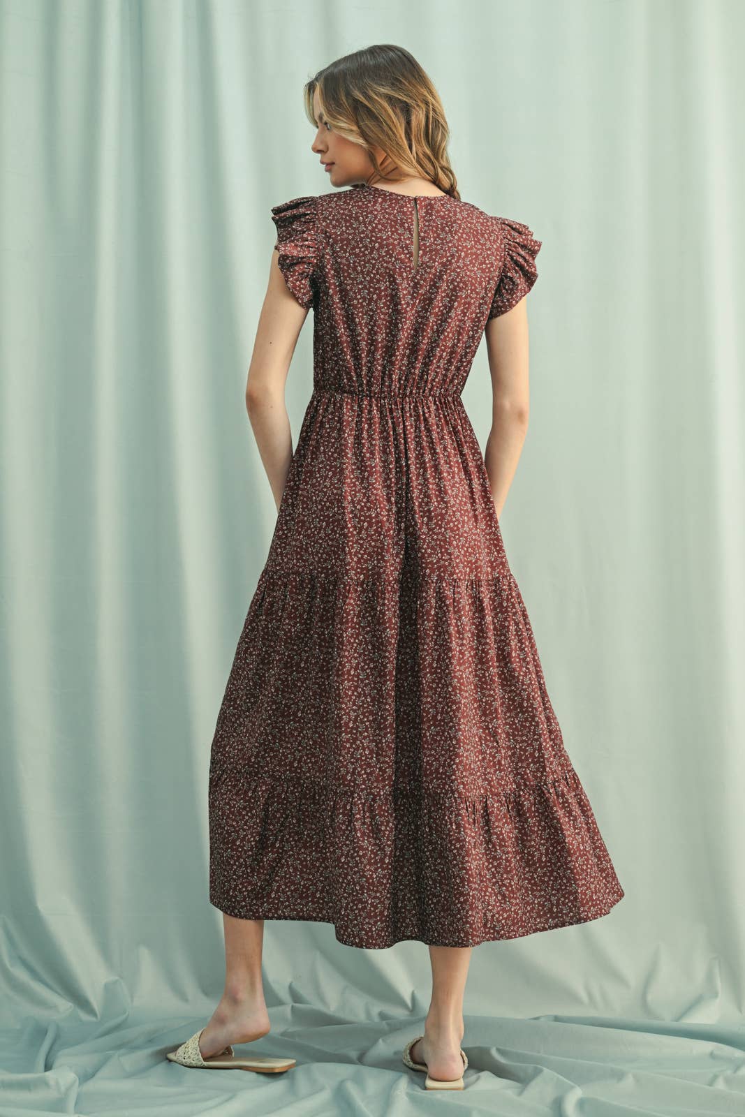 FLORAL RUFFLE SLEEVE MIDI DRESS / WL25-11014