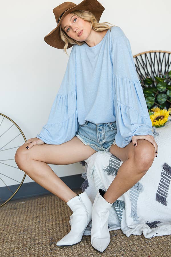 T1174F Tiered Puff Sleeve Solid Tunic Top