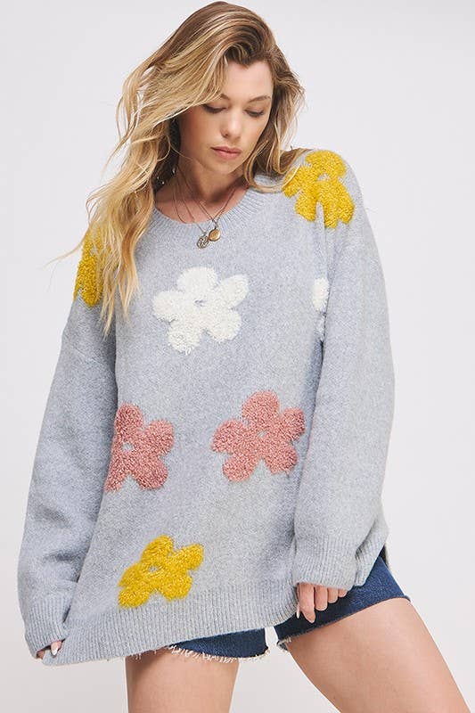 PLUS SIZE OVERSIZED LONG SLEEVE FLORAL GRAPHIC KNIT SWEATER