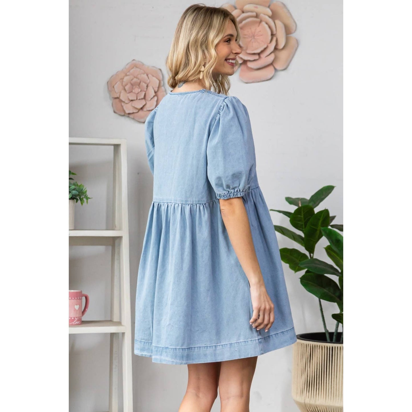 Front Ribbon w Puff Short Sleeve Denim Dress