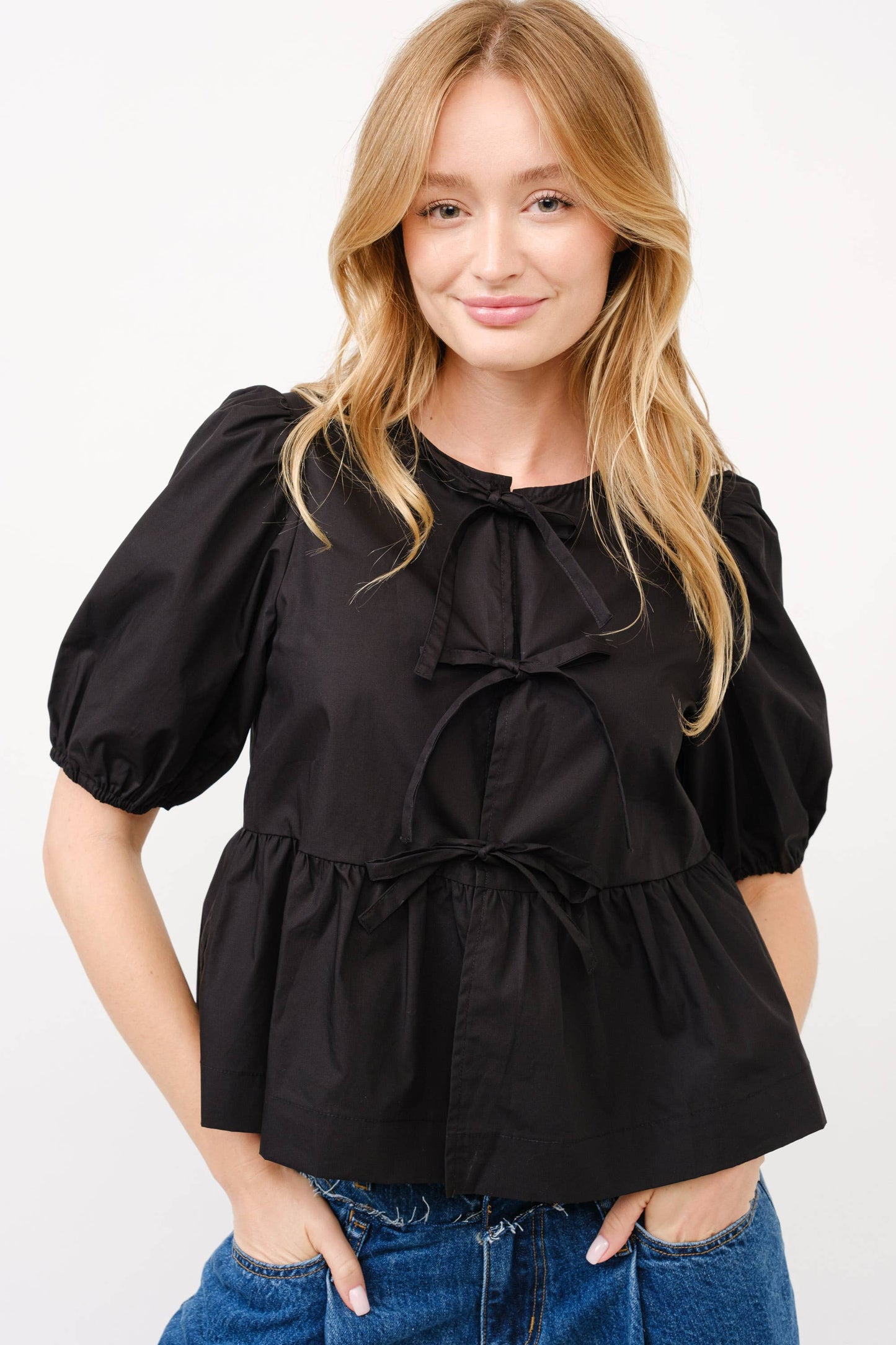 MAT2803 - POPLIN FRONT BOW TIE PEPLUM BLOUSE WITH PUFF SLEEV