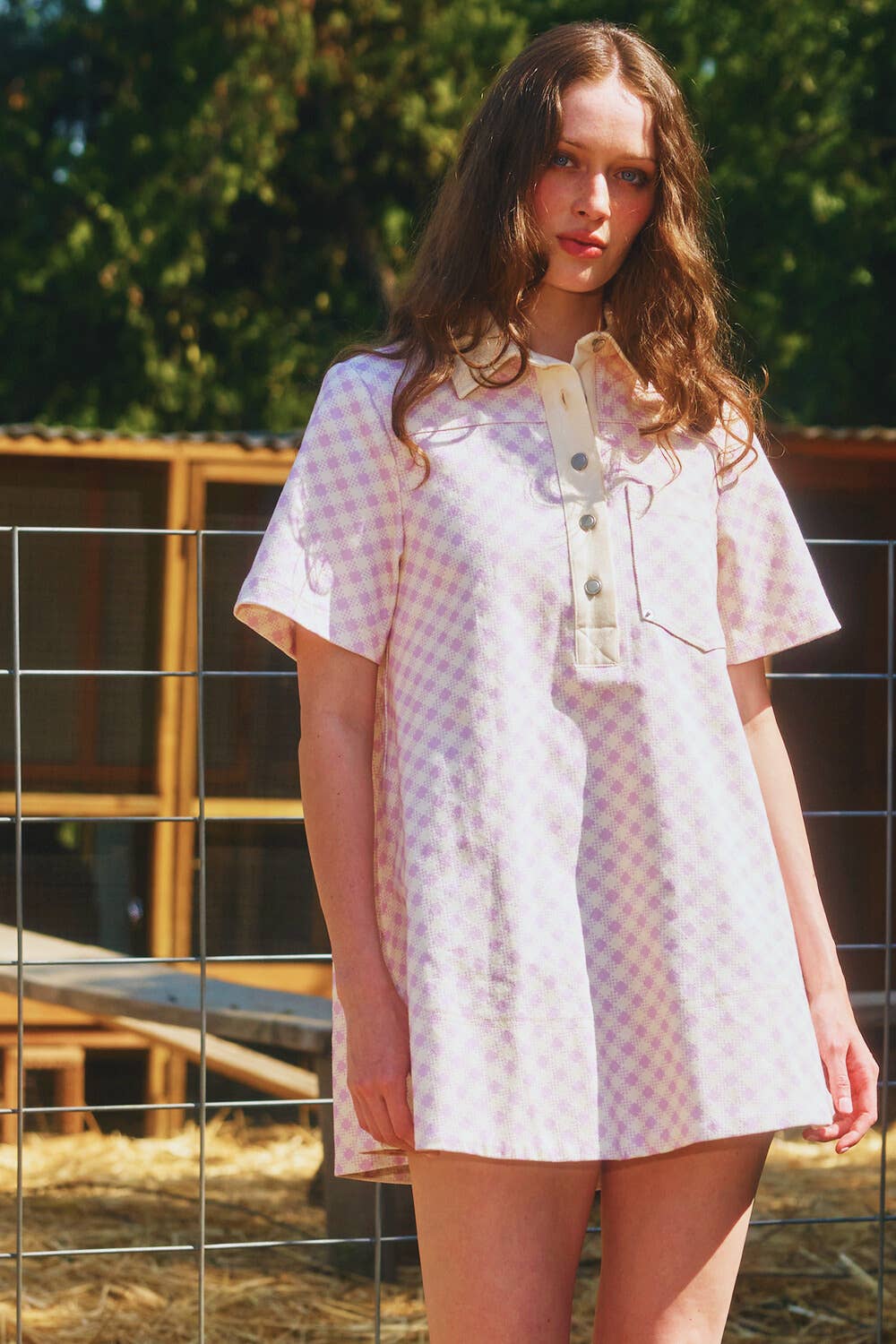 ID4328A Pleating At Back Checker Print T-shirt Mini Dress