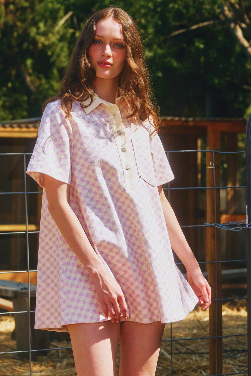 ID4328A Pleating At Back Checker Print T-shirt Mini Dress