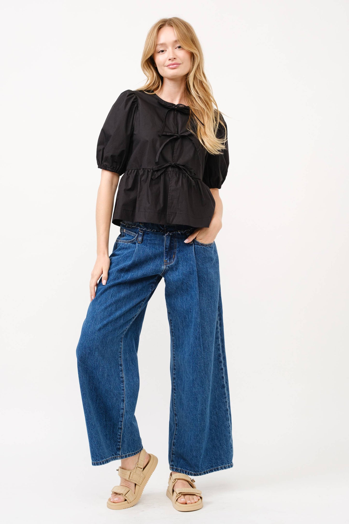 MAT2803 - POPLIN FRONT BOW TIE PEPLUM BLOUSE WITH PUFF SLEEV