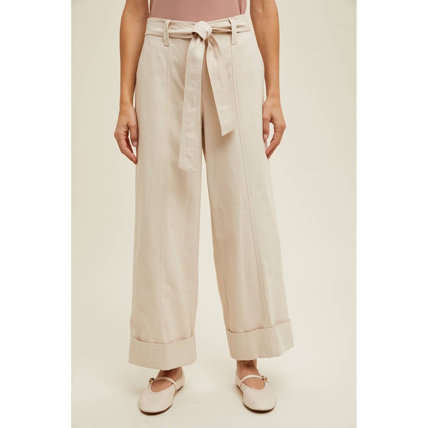 CUFFED WIDE LEG BELTED PANTS / WL24-9549