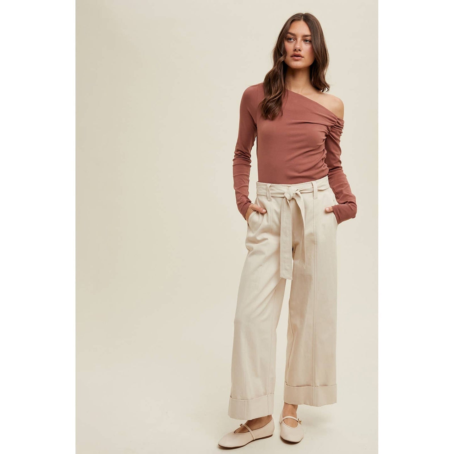 CUFFED WIDE LEG BELTED PANTS / WL24-9549
