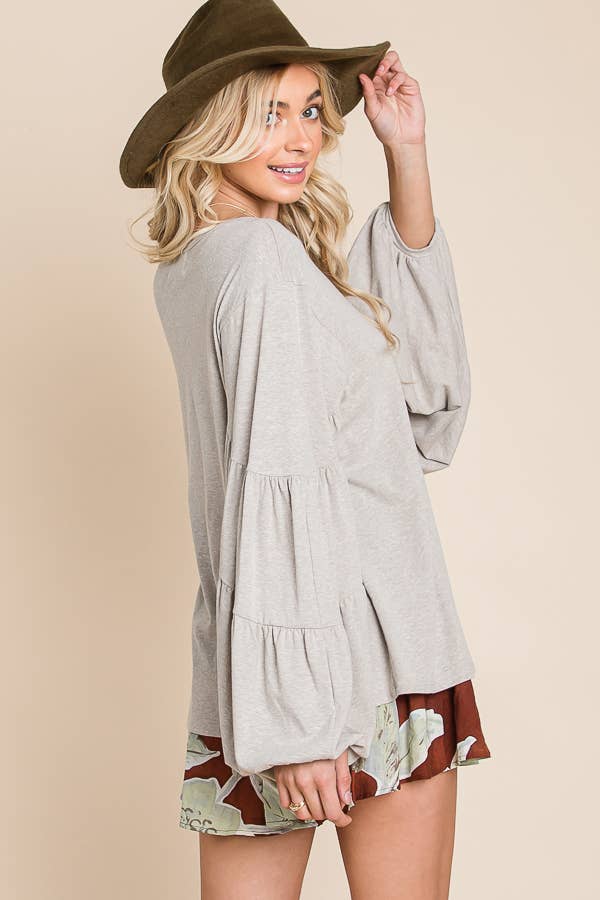 T1174F Tiered Puff Sleeve Solid Tunic Top