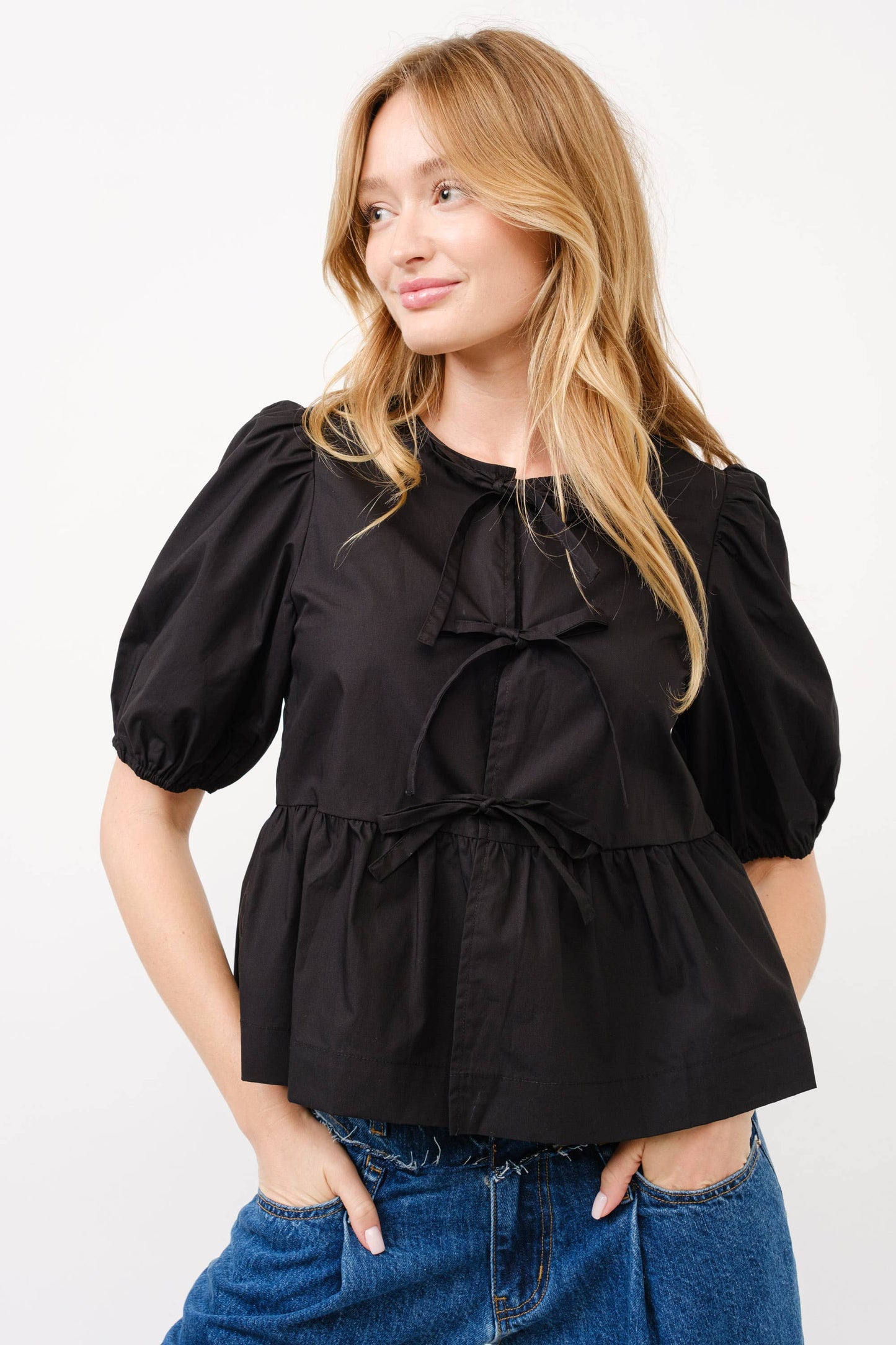 MAT2803 - POPLIN FRONT BOW TIE PEPLUM BLOUSE WITH PUFF SLEEV
