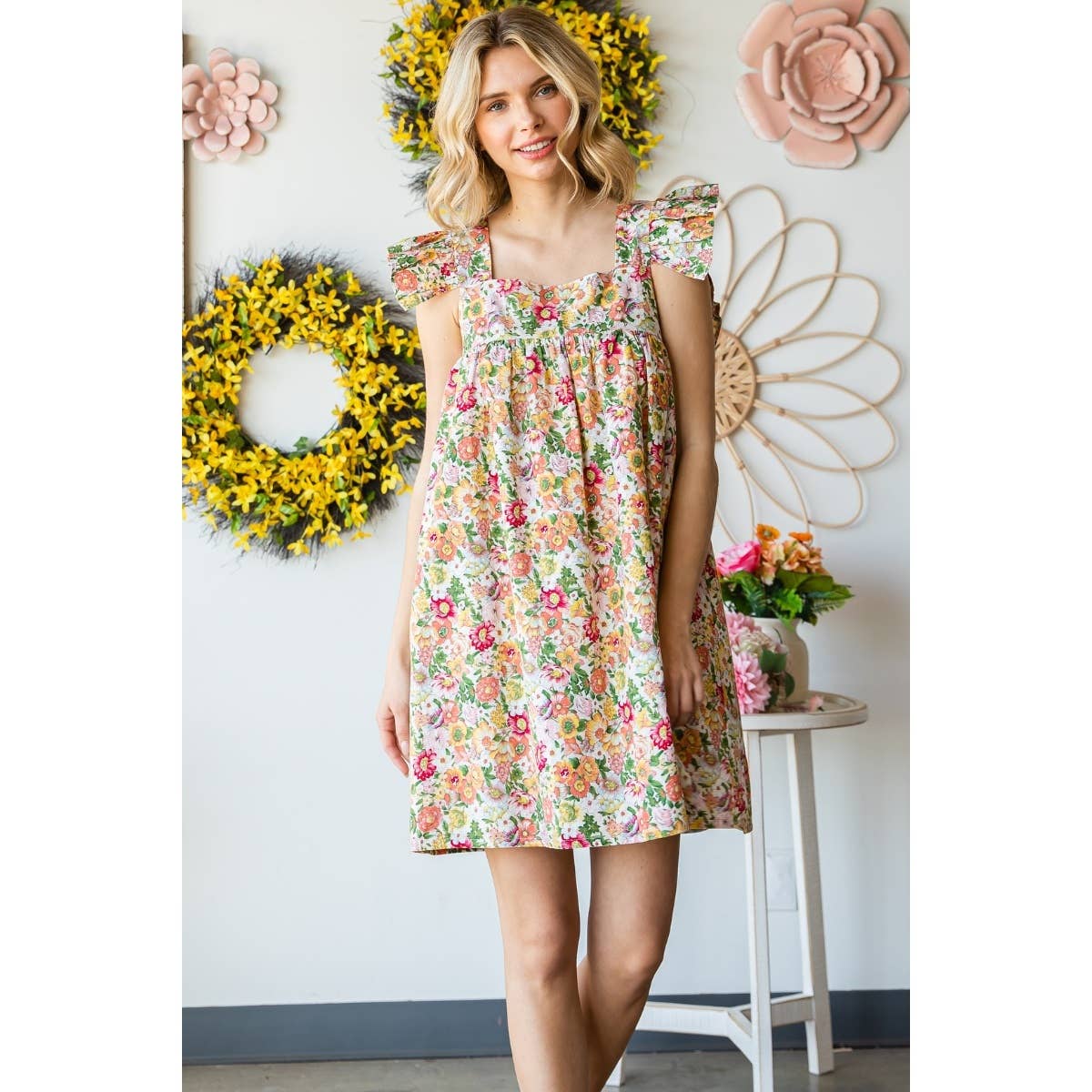 Garden Flower Print Ruffle Sleeve Mini Dress