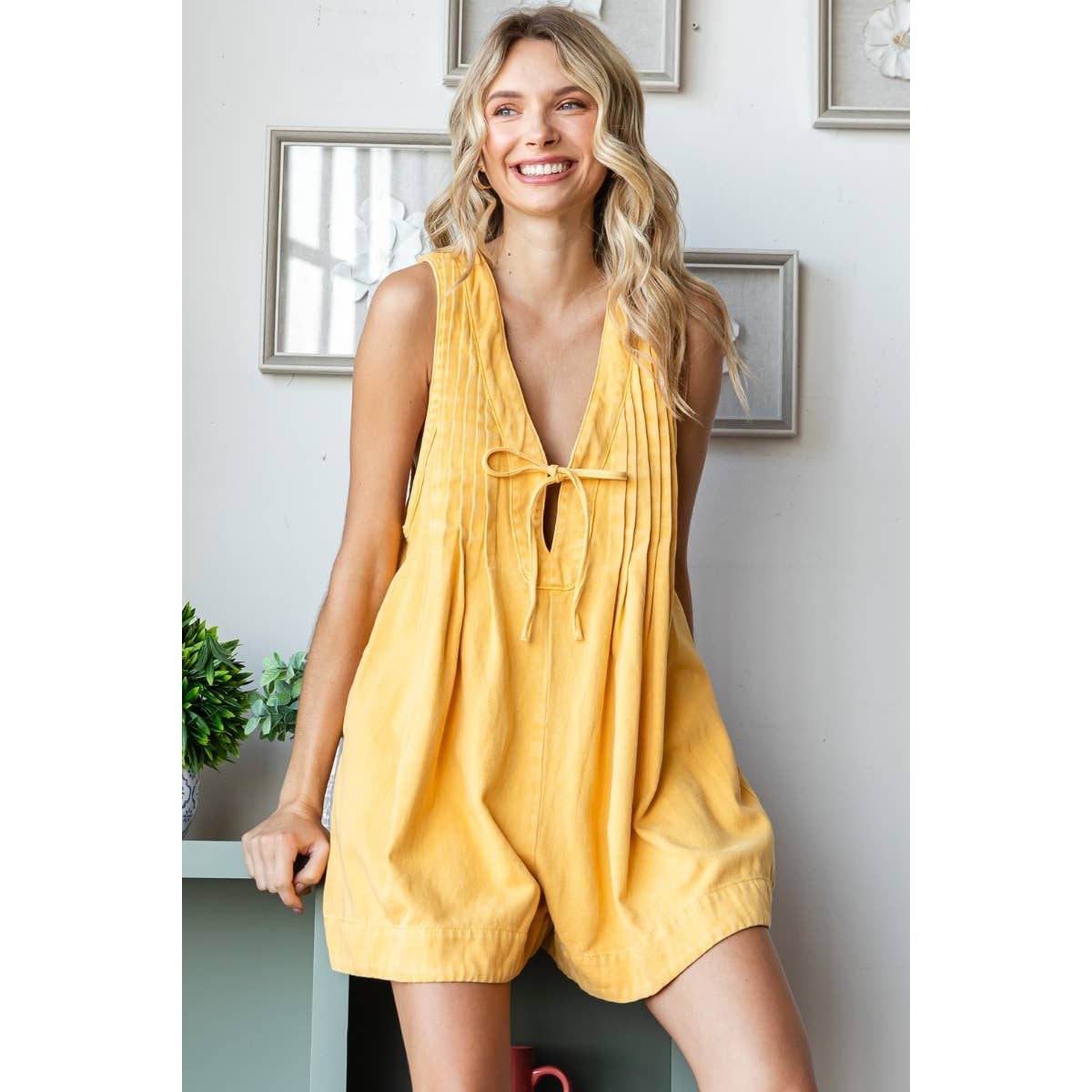 Front Pleated V Neck Sleeveless Denim Romper
