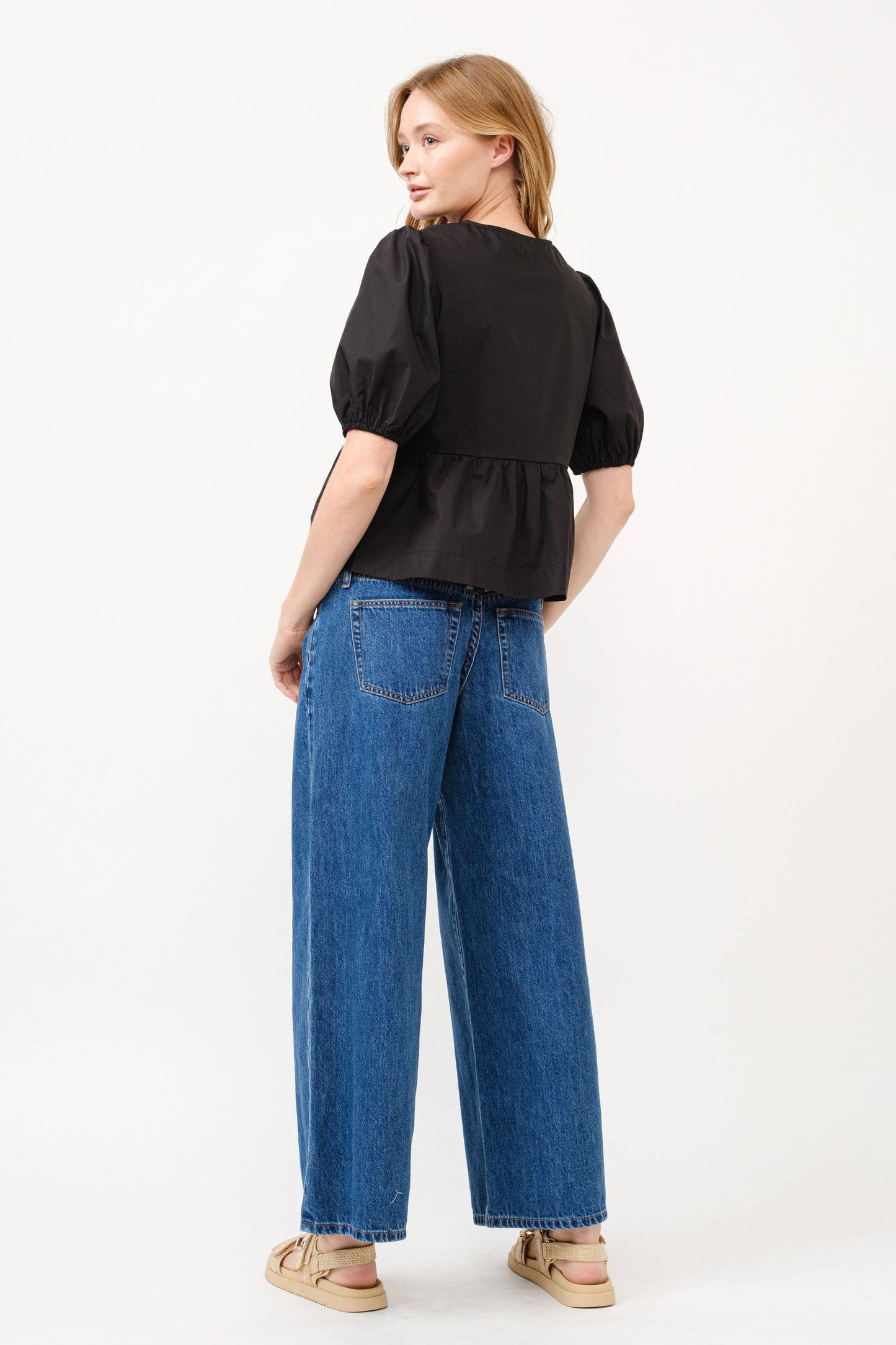 MAT2803 - POPLIN FRONT BOW TIE PEPLUM BLOUSE WITH PUFF SLEEV