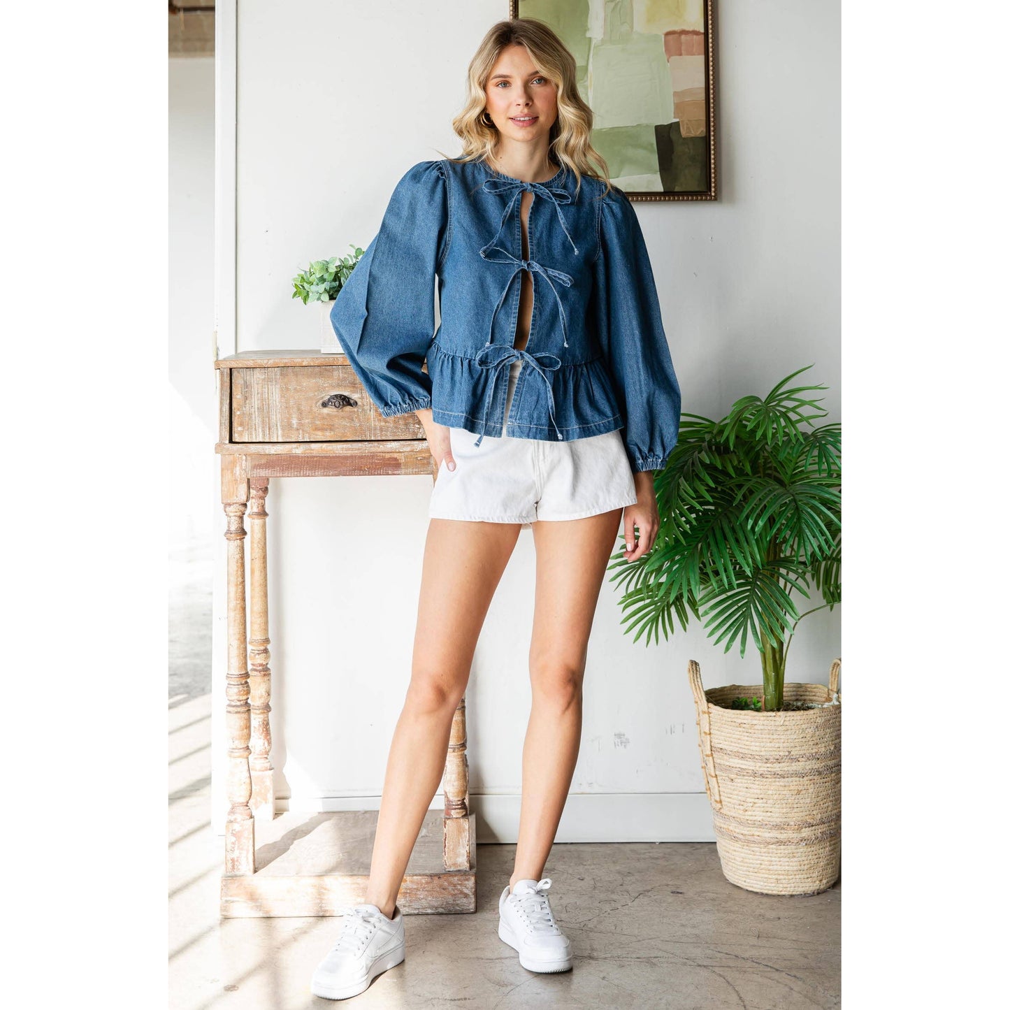 Front Ribbon Denim Top