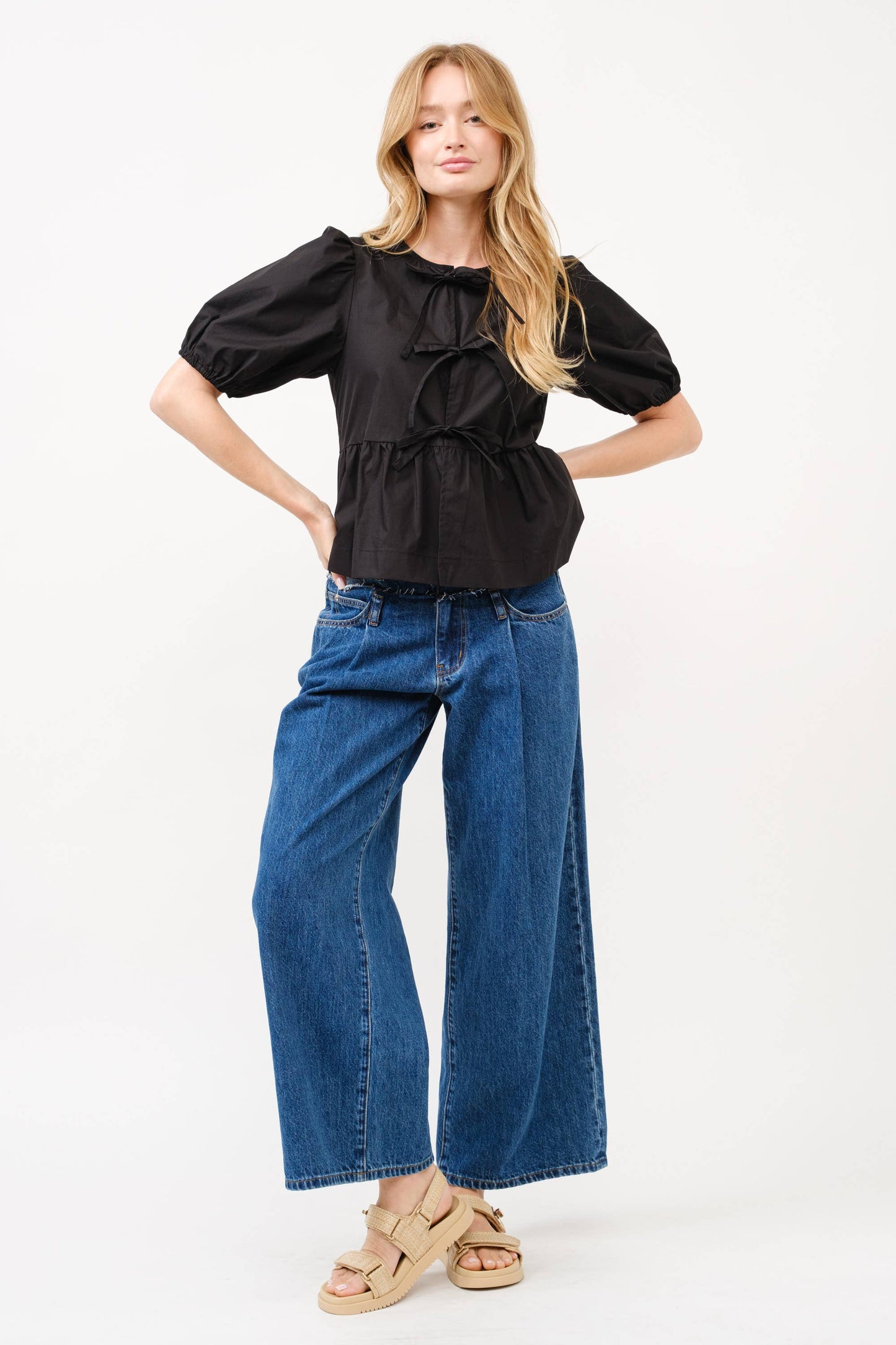 MAT2803 - POPLIN FRONT BOW TIE PEPLUM BLOUSE WITH PUFF SLEEV