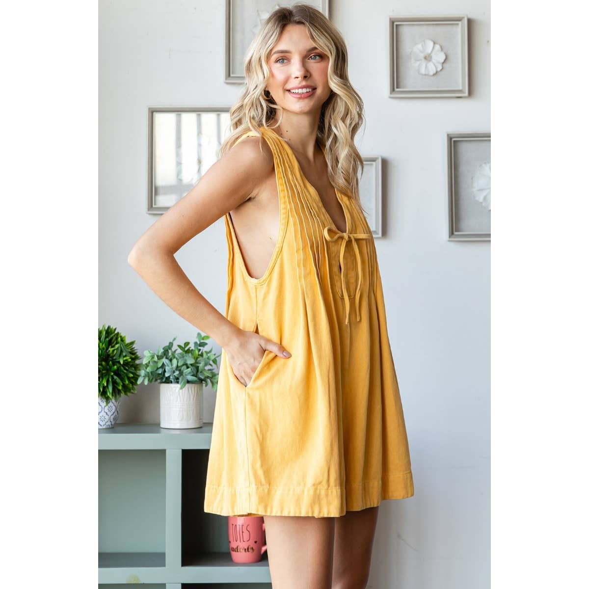 Front Pleated V Neck Sleeveless Denim Romper