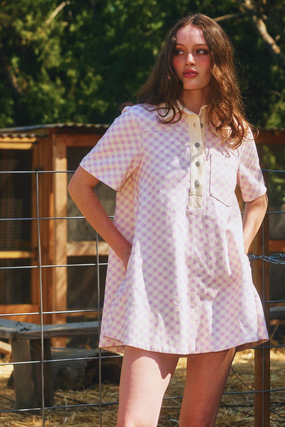 ID4328A Pleating At Back Checker Print T-shirt Mini Dress