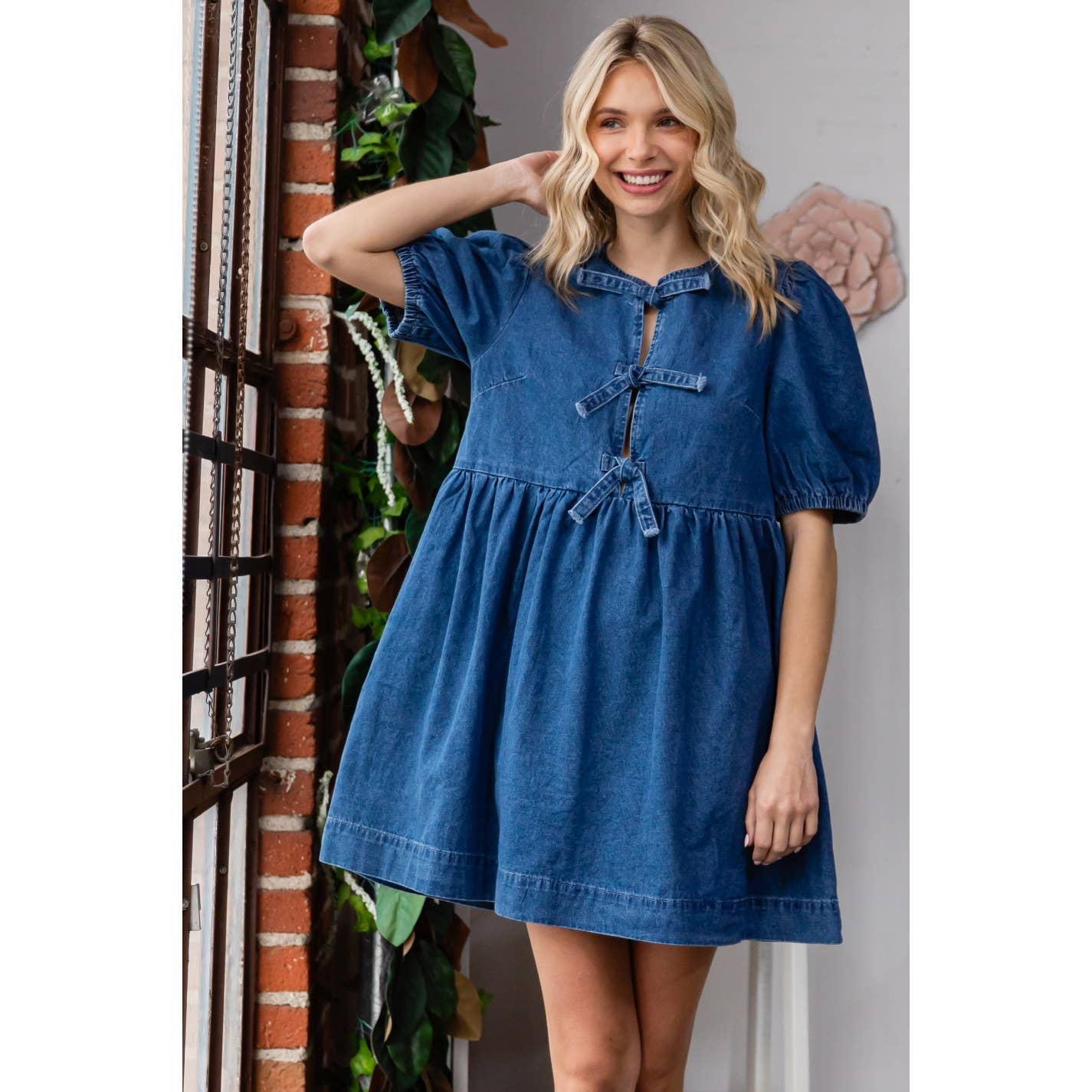 Front Ribbon w Puff Short Sleeve Denim Dress