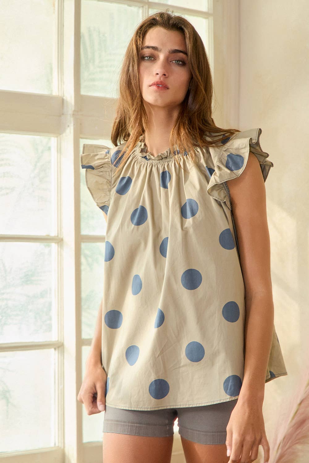IT1524 Ruffle Neck And Shoulder Polka Dot Print Blouse Top