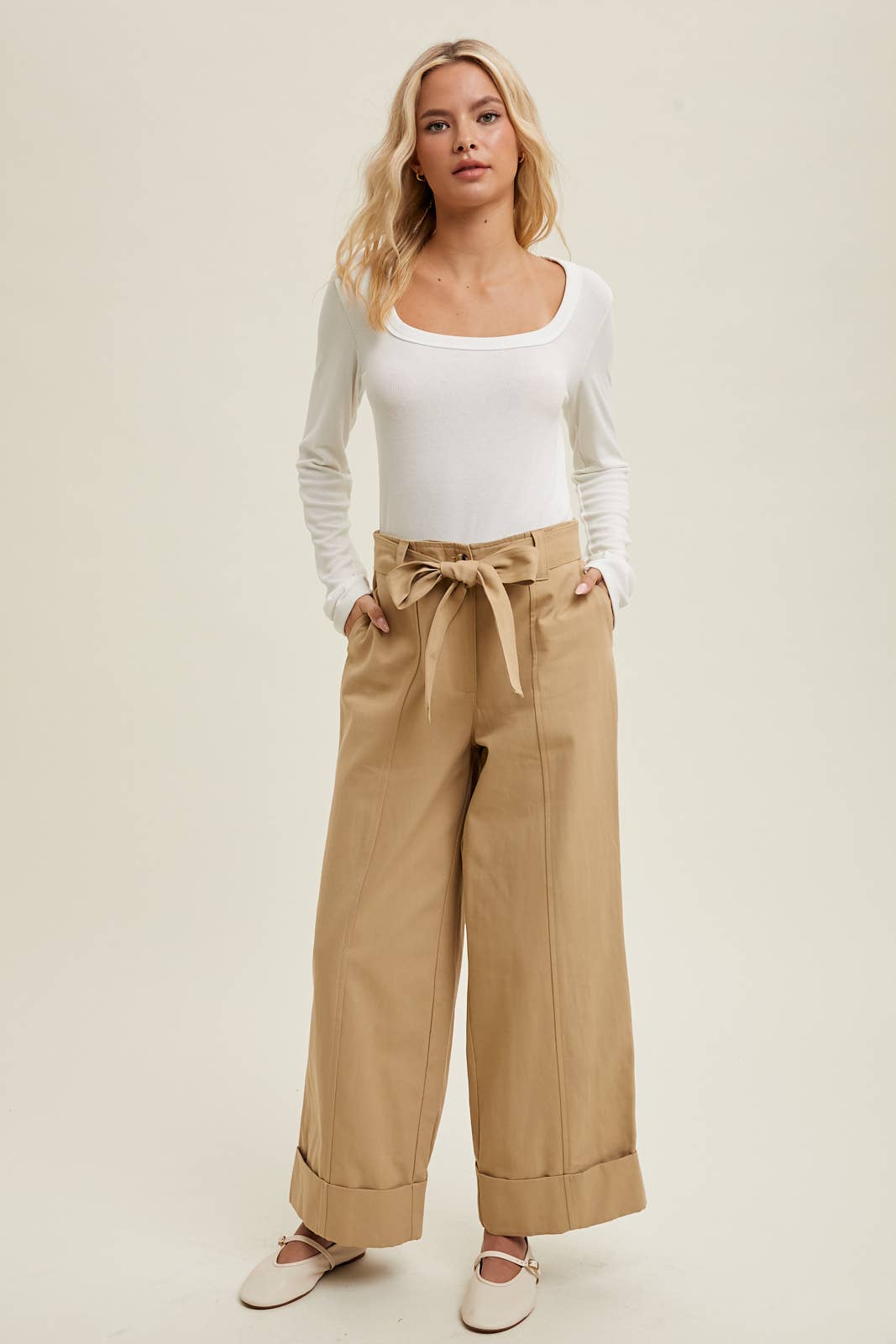 CUFFED WIDE LEG BELTED PANTS / WL24-9549