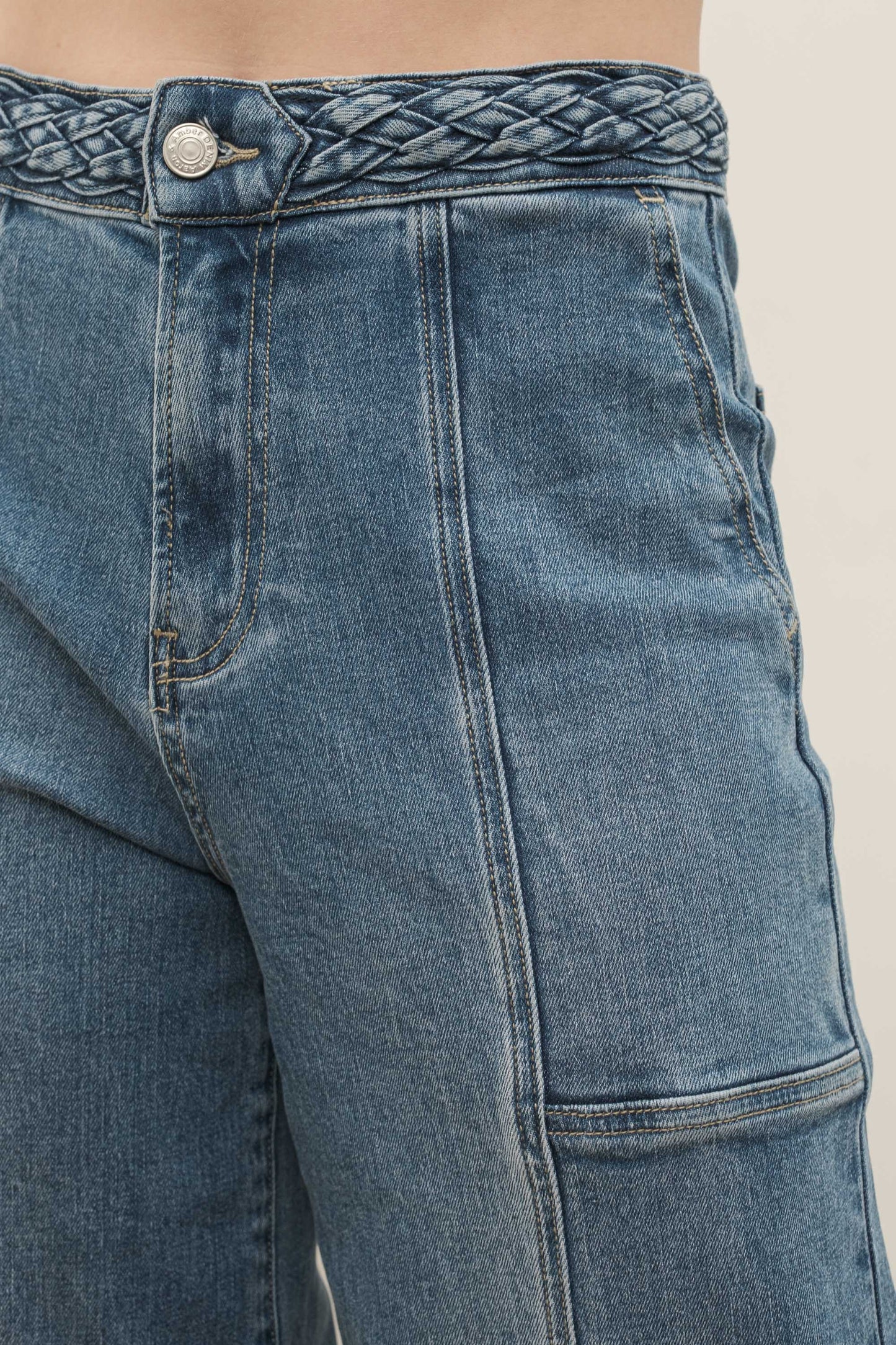 MAP2804 - BRAIDED WAIST WIDE LEGS CROP JEANS