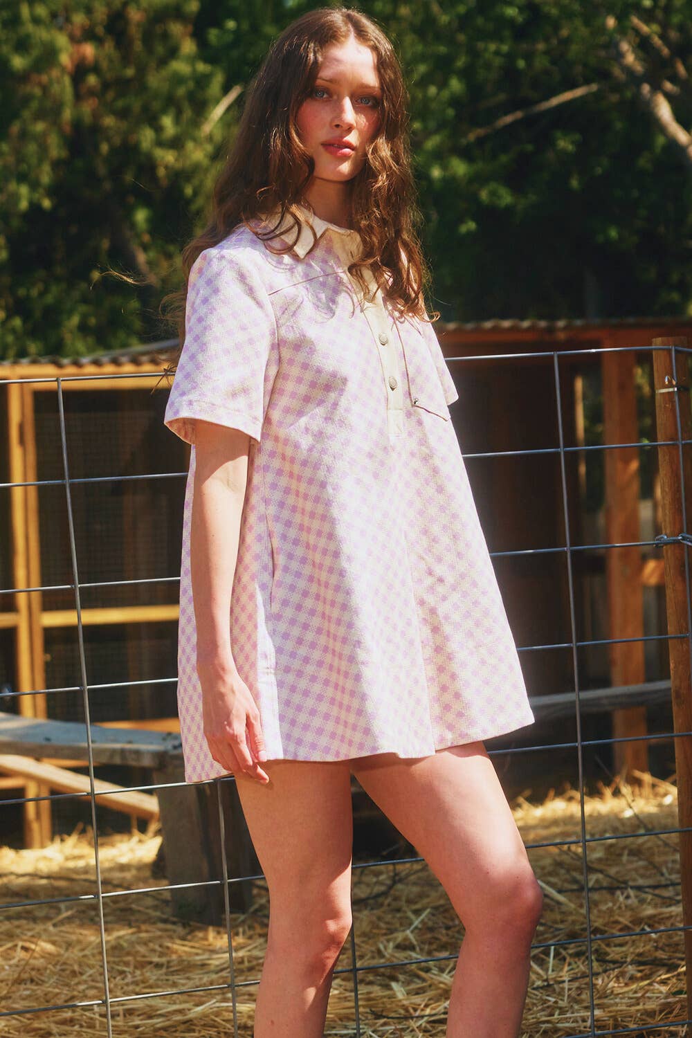 ID4328A Pleating At Back Checker Print T-shirt Mini Dress