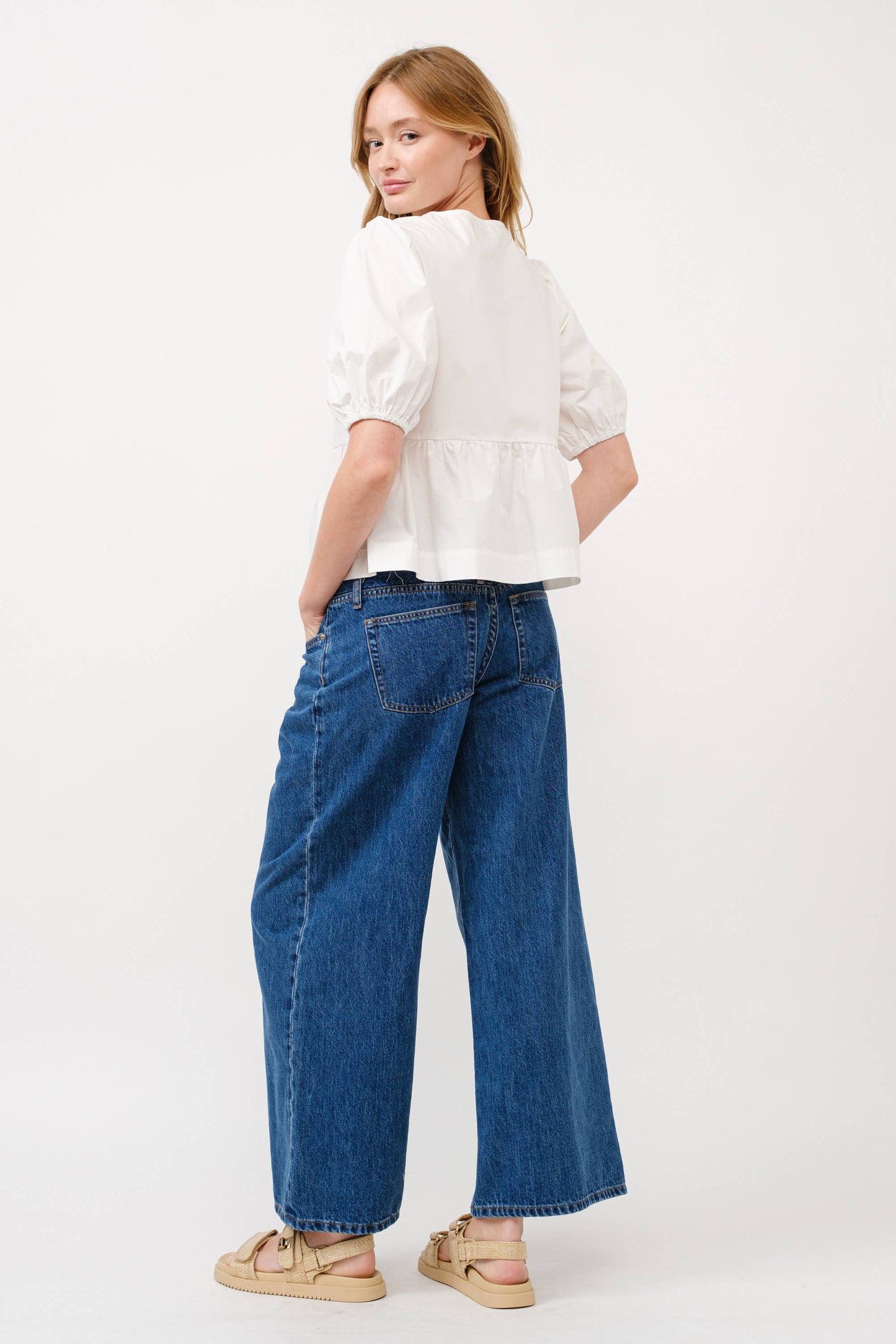 MAT2803 - POPLIN FRONT BOW TIE PEPLUM BLOUSE WITH PUFF SLEEV