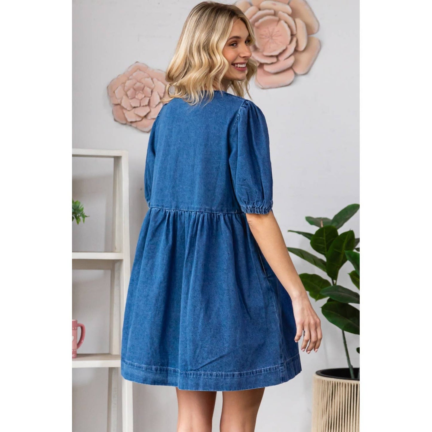 Front Ribbon w Puff Short Sleeve Denim Dress