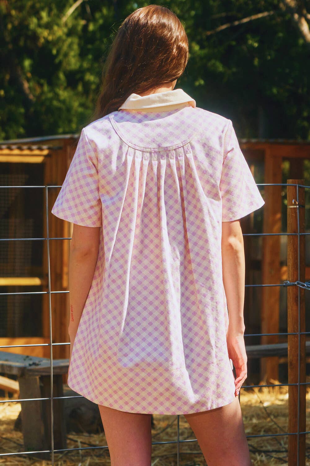 ID4328A Pleating At Back Checker Print T-shirt Mini Dress