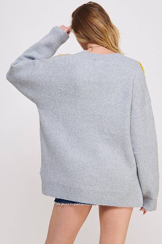 PLUS SIZE OVERSIZED LONG SLEEVE FLORAL GRAPHIC KNIT SWEATER