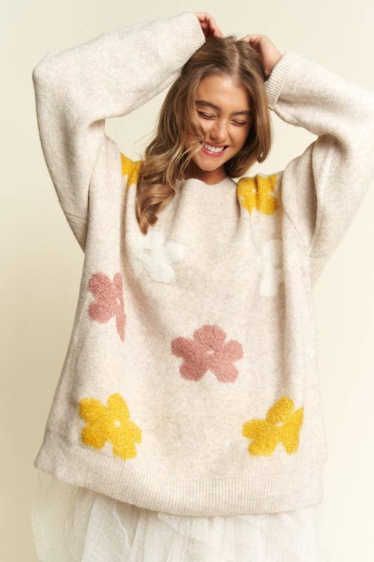 OVERSIZED LONG SLEEVE FLORAL GRAPHIC KNIT SWEATER