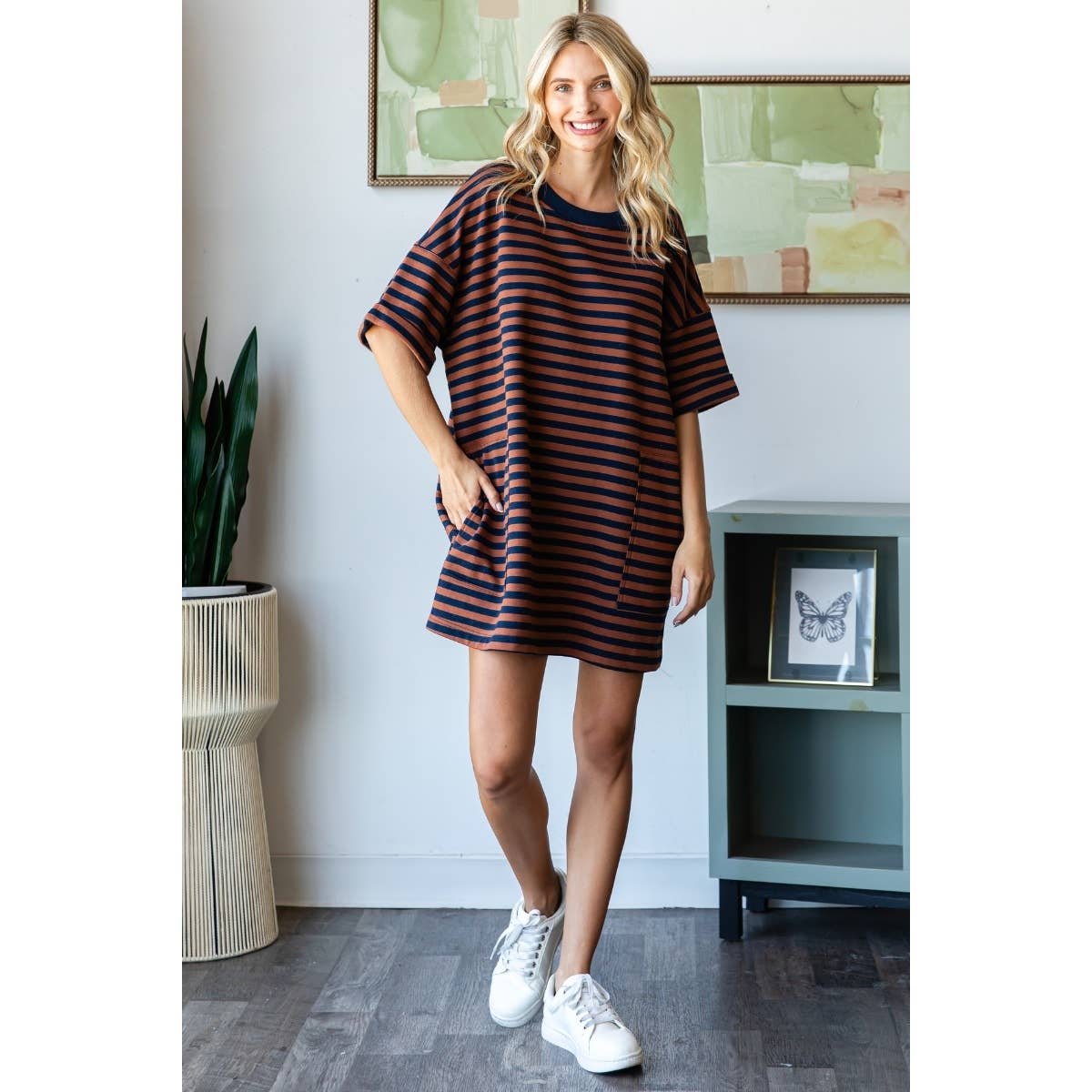 Stripe Knit Pullover Oversized Tee Dress