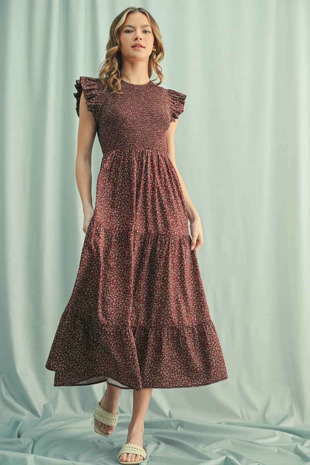 FLORAL RUFFLE SLEEVE MIDI DRESS / WL25-11014