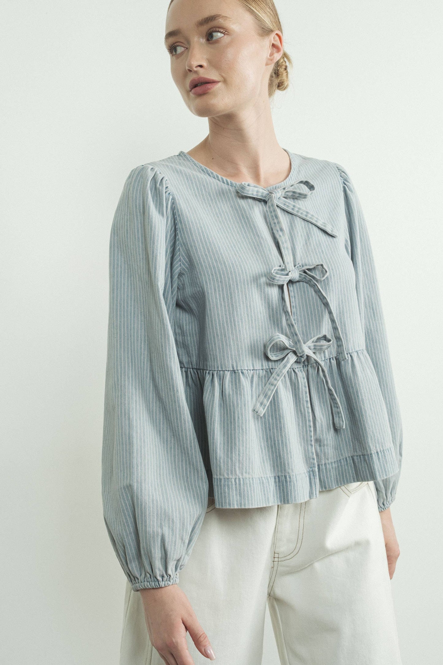 MAT2894-DENIM  LONG SLEEVE DENIM BOW TIE BLOUSE (Copy)