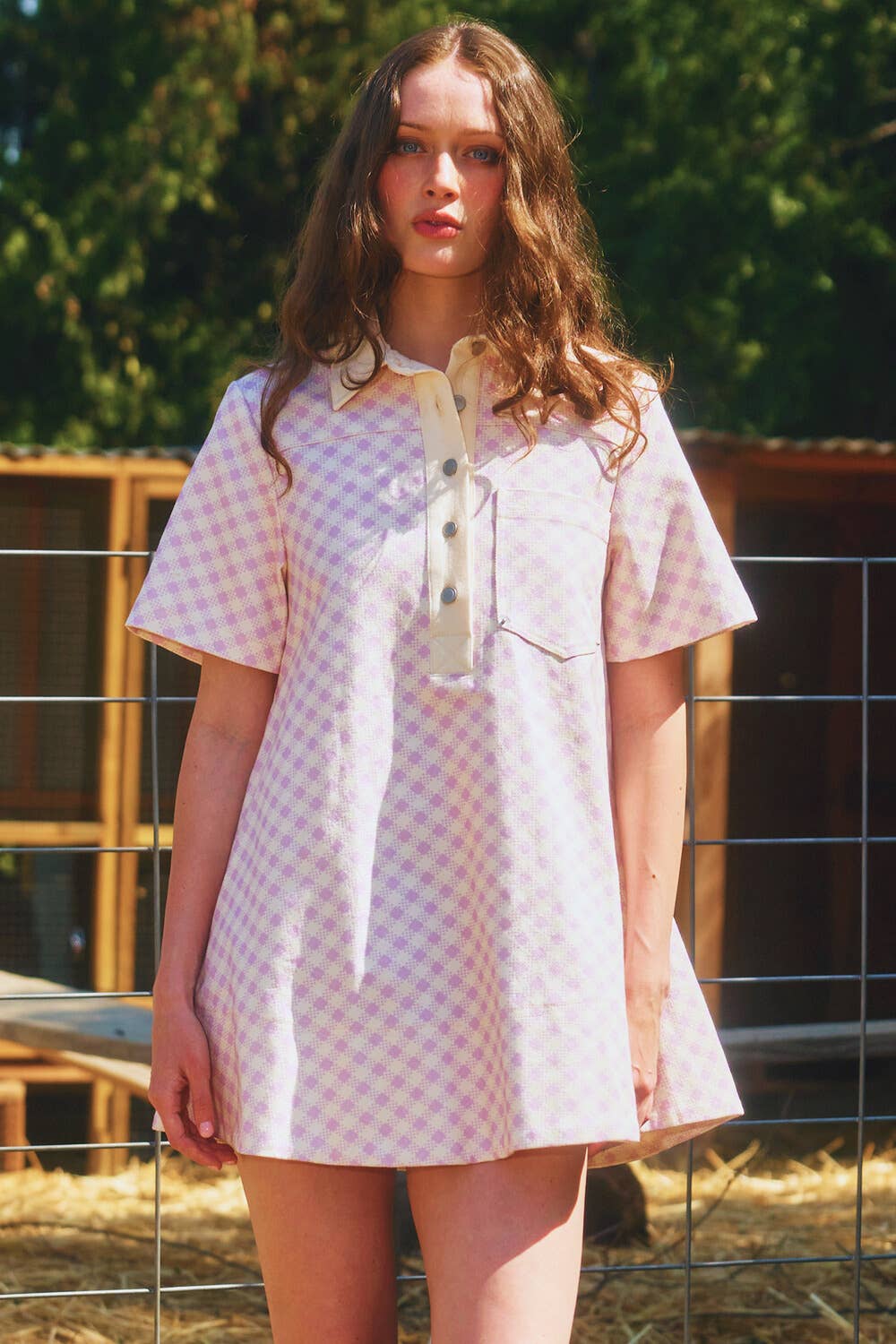 ID4328A Pleating At Back Checker Print T-shirt Mini Dress