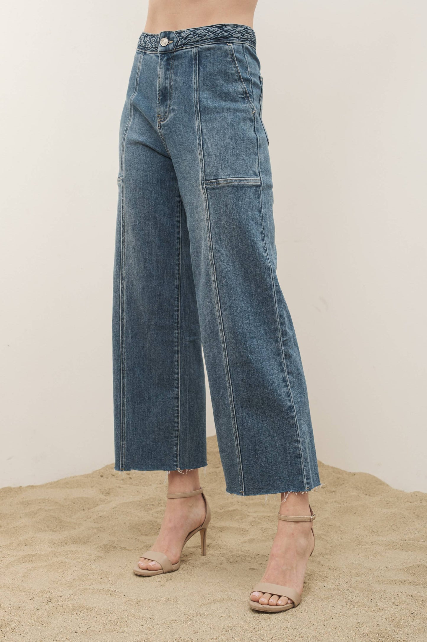 MAP2804 - BRAIDED WAIST WIDE LEGS CROP JEANS