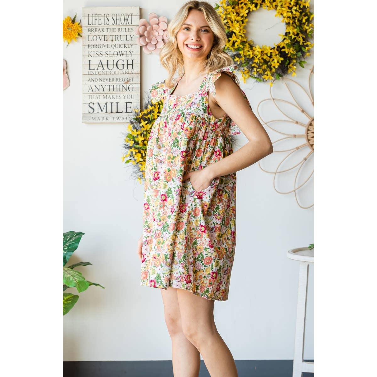 Garden Flower Print Ruffle Sleeve Mini Dress