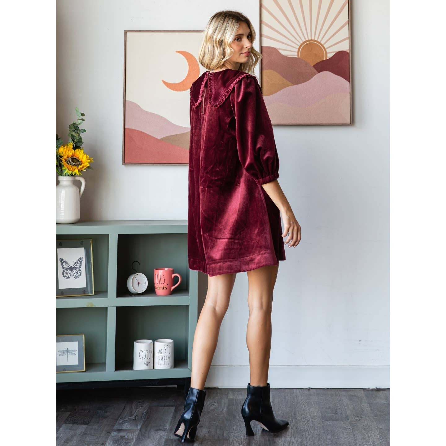 Velvet Puff Sleeve Peter Pan Collar Short Dress