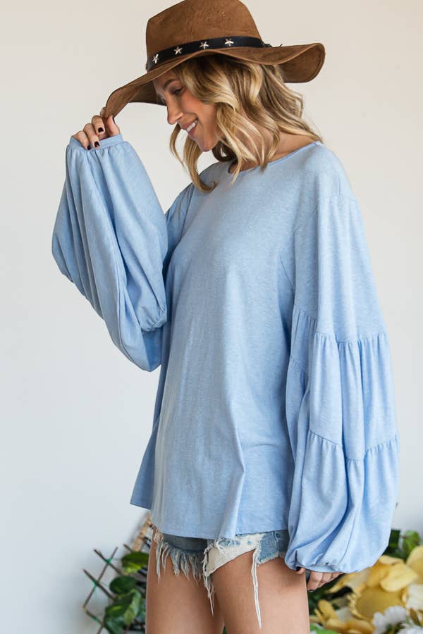 T1174F Tiered Puff Sleeve Solid Tunic Top