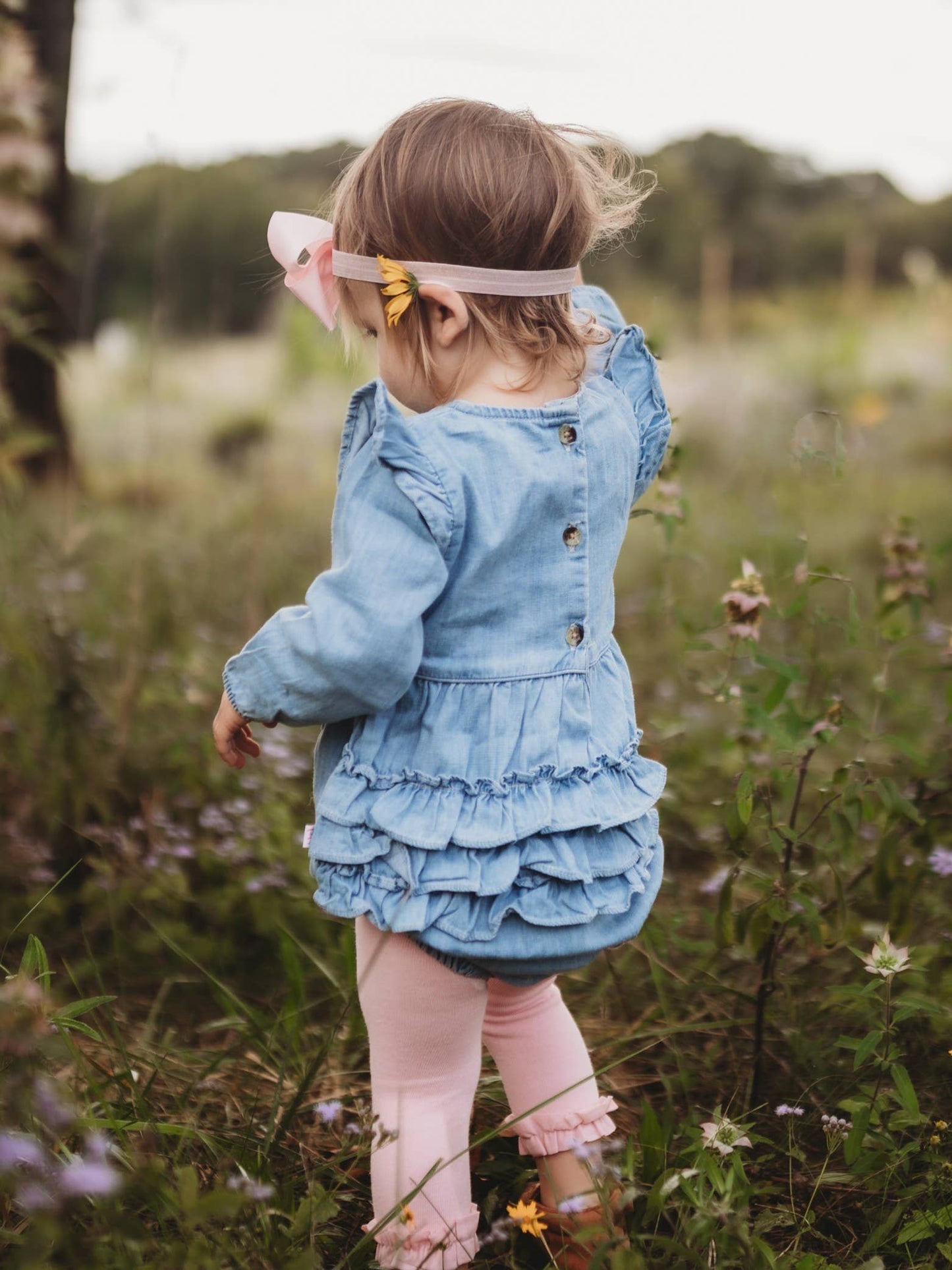 Baby Girls Light Wash Denim Long Sleeve Flutter Bubble Romper