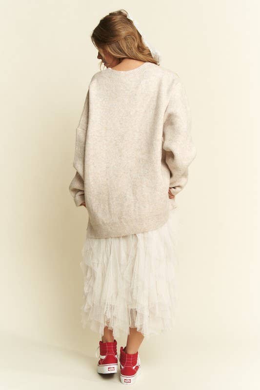 OVERSIZED LONG SLEEVE FLORAL GRAPHIC KNIT SWEATER