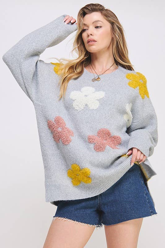 PLUS SIZE OVERSIZED LONG SLEEVE FLORAL GRAPHIC KNIT SWEATER