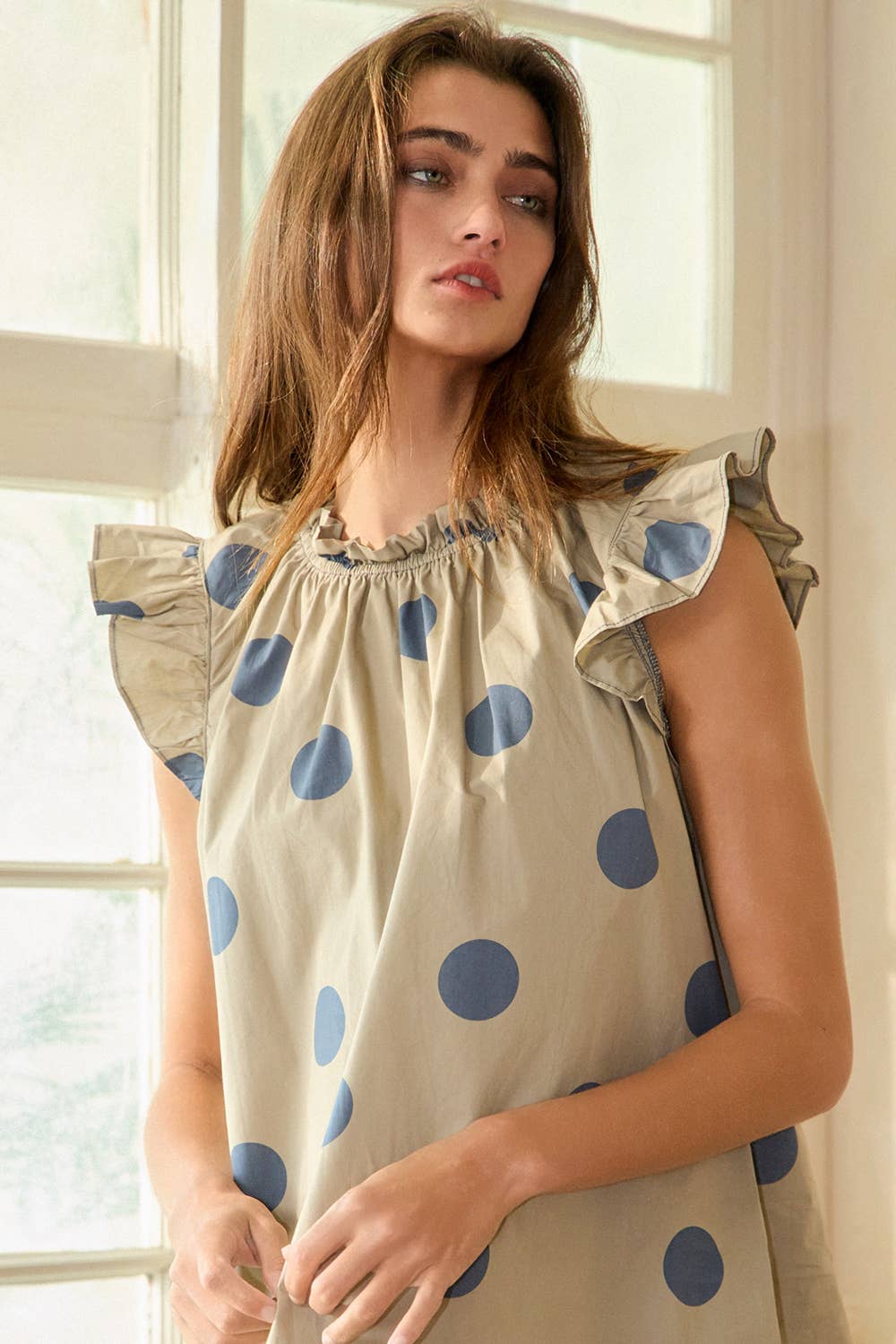 IT1524 Ruffle Neck And Shoulder Polka Dot Print Blouse Top
