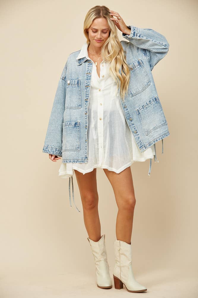 BOHO SIDE TIE DETAIL OVERSIZED DENIM JACKET 6439JIA