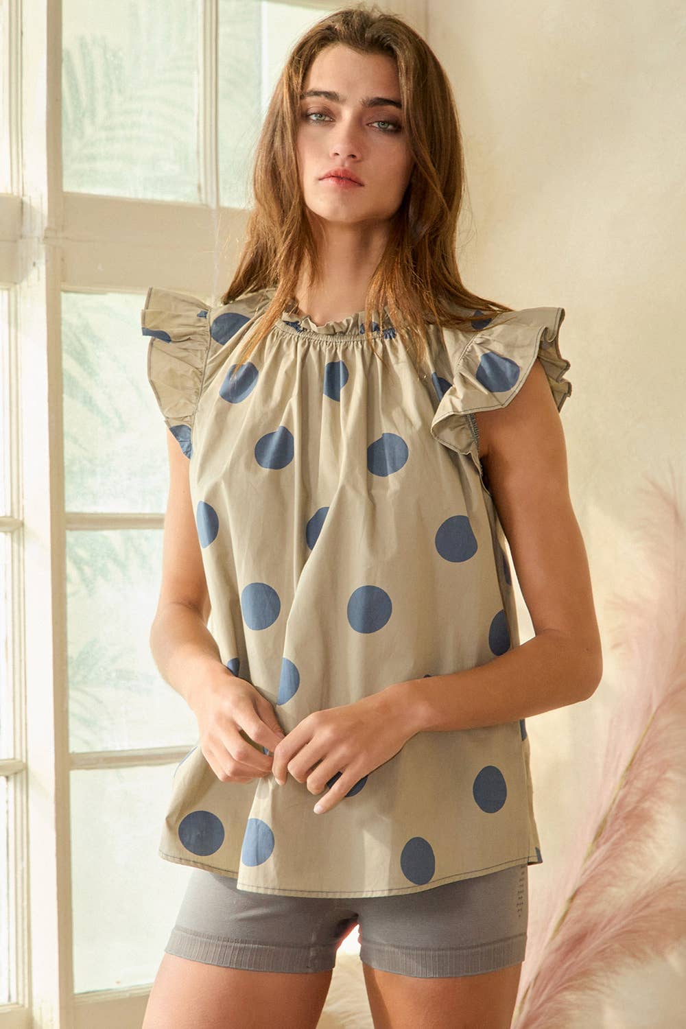 IT1524 Ruffle Neck And Shoulder Polka Dot Print Blouse Top