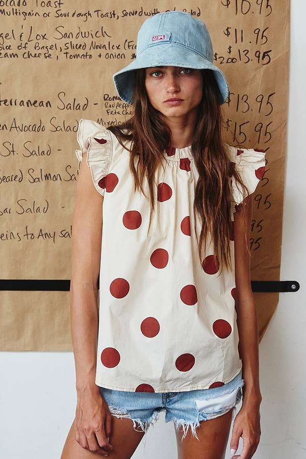 IT1524 Ruffle Neck And Shoulder Polka Dot Print Blouse Top