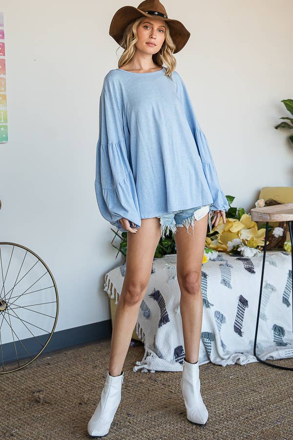 T1174F Tiered Puff Sleeve Solid Tunic Top