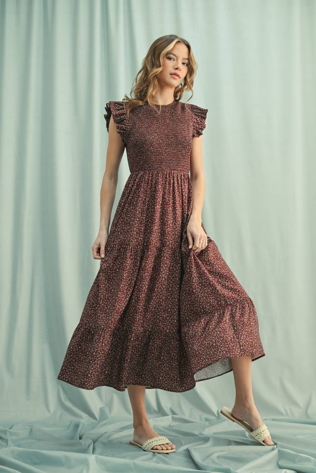 FLORAL RUFFLE SLEEVE MIDI DRESS / WL25-11014