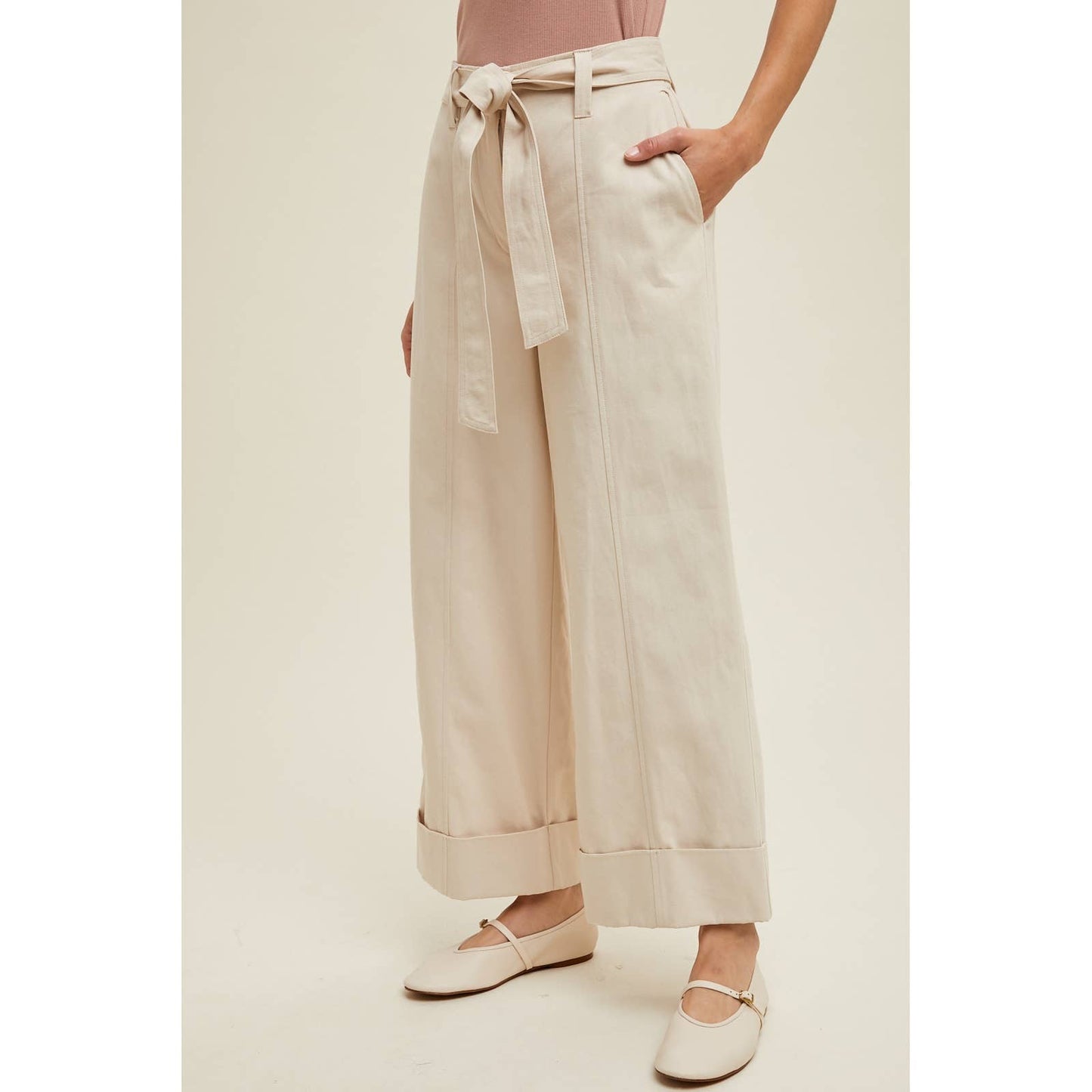 CUFFED WIDE LEG BELTED PANTS / WL24-9549